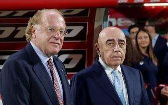 AC Milan's Chairman Paolo Scaroni with AC Monza's A.D. Adriano Galliani prior to  the “Silvio Berlusconi” Trophy soccer match between AC Monza and AC Milan at U-Power Stadium in Monza, Italy, 8 August 2023. ANSA /  ROBERTO BREGANI