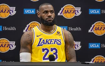 El Segundo, CA - October 02: LeBron James talks to the media during the Los Angeles Lakers media day at the UCLA Health Training Center in El Segundo Monday, Oct 2, 2023.  (Photo by Hans Gutknecht/MediaNews Group/Los Angeles Daily News via Getty Images)