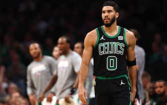 BOSTON, MASSACHUSETTS - NOVEMBER 01: Jayson Tatum #0 of the Boston Celtics looks on during the first quarter against the Indiana Pacers at TD Garden on November 01, 2023 in Boston, Massachusetts. NOTE TO USER: User expressly acknowledges and agrees that, by downloading and or using this photograph, User is consenting to the terms and conditions of the Getty Images License Agreement.  (Photo by Maddie Meyer/Getty Images)