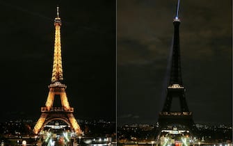 (COMBO) This combination of pictures created on March 23, 2024 shows the Eiffel tower before the lights being switched off (L) and the Eiffel tower with the lights off (R) during the Earth Hour environmental campaign, in Paris, on March 23, 2024. (Photo by Dimitar DILKOFF / AFP)
