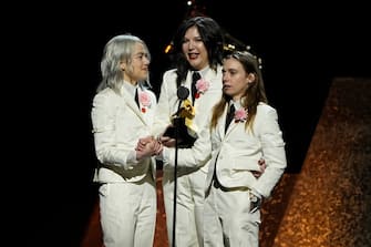 Feb 4, 2024; Los Angeles, CA, USA; Phoebe Bridgers, from left, Lucy Dacus and Julien Baker of Boygenius accept the award for Best Rock Performance during the 66th Annual GRAMMY Awards Premiere Ceremony at the Peacock Theater in Los Angeles on Sunday, Feb. 4, 2024.
Mandatory Credit: Robert Hanashiro-USA TODAYFeb 4, 2024; Los Angeles, CA, USA; /Sipa USA
