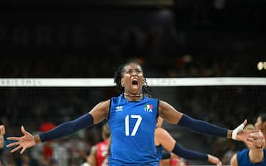 Italy's #17 Myriam Fatime Sylla reacts after a point in the women's volleyball gold medal match between USA and Italy at the South Paris Arena 1 in Paris during the Paris 2024 Olympic Games on August 11, 2024. (Photo by Natalia KOLESNIKOVA / AFP) (Photo by NATALIA KOLESNIKOVA/AFP via Getty Images)