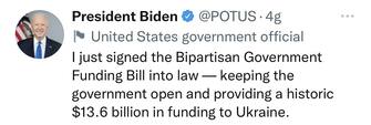 “Questa guerra ha trasformato tre milioni di ucraini in rifugiati. È difficile trasportare aiuti in Ucraina a causa degli attacchi della Russia ma “continuiamo a farlo grazie all’aiuto di molti coraggiosi”. Così Biden, sui suoi profili social, in merito alla firma del provvedimento da 1.500 miliardi di dollari, che prevede 13,6 miliardi per l’Ucraina
