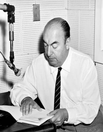 Pablo Neruda. Portrait of the Chilean poet, Ricardo Eliécer Neftalí Reyes Basoalto (1904-1973), making a recording in the Library of Congress Studios in June 1966