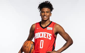 HOUSTON, TEXAS - SEPTEMBER 27: Jalen Green #0 of the Houston Rockets poses for a portrait during Houston Rockets Media Day at Post Oak Hotel on September 27, 2021 in Houston, Texas. (Photo by Michael Starghill/Getty Images)