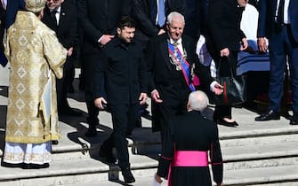 Ukraine's President Volodymyr Zelensky arrives ahead of the late Pope Francis' funeral ceremony at St Peter's Square at The Vatican on April 26, 2025. (Photo by Tiziana FABI / AFP) (Photo by TIZIANA FABI/AFP via Getty Images)          
