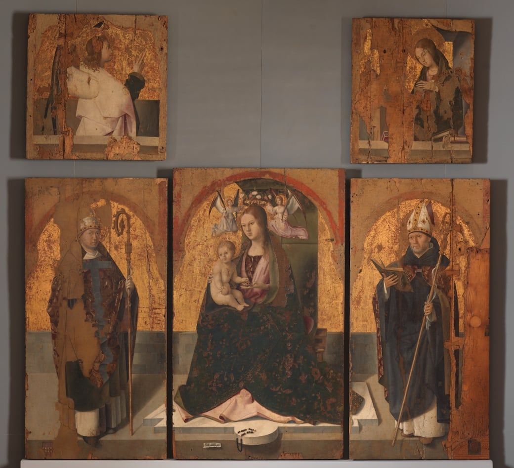 Antonello da Messina, Polittico di San Gregorio - Madonna col Bambino o del Rosario tra i Santi Gregorio e Benedetto - Angelo Annunciante e Annunciata, 1473