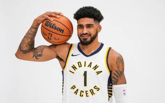 INDIANAPOLIS, INDIANA - OCTOBER 02: Obi Toppin #1 of the Indiana Pacers poses for photos during Indiana Pacers Media Day at Ascension St Vincent Center on October 02, 2023 in Indianapolis, Indiana. NOTE TO USER: User expressly acknowledges and agrees that, by downloading and or using this photograph, User is consenting to the terms and conditions of the Getty Images License Agreement. (Photo by Dylan Buell/Getty Images)