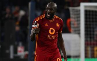 Romelu Lukaku of A.S. Roma celebrates after scoring the gol of 2-0 during the UEFA Europa League round of 16 first leg match, between A.S. Roma vs Brighton & Hove Albion F.C. on 7 March 2024 at the Olympic Stadium in Rome, Italy.