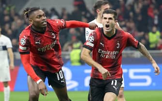 AC Milan s Rafael Leao (L) jubilates with his teammate Christian Pulisic after scoring goal of 1 to 1 during he UEFA Champions League group F soccer match between Ac Milan and Paris Saint-German's at Giuseppe Meazza stadium in Milan, 7 November 2023.
ANSA / MATTEO BAZZI



