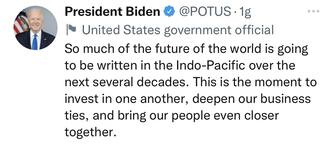 “Così tanto del futuro del mondo sarà scritto nell’area Indo-pacifica nei prossimi decenni. Questo è il momento di investire gli uni negli altri, approfondire i nostri legami commerciali e avvicinare i nostri popoli”. Lo ha scritto su Twitter Joe Biden che si trova in Corea del Sud
