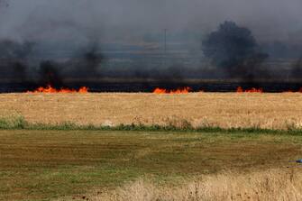 epa10811524 General view of a wildfire in the Avanta area, near Egnatia Odos motorway, in Alexandroupolis, Thrace, northern Greece, 21 August 2023. The wildfire that broke out early on 19 August in a forest in the Melia area of Alexandroupolis has spread rapidly due to the strong winds blowing in the area and is raging uncontrolled.The major wildfire in Alexandroupolis continues with unabated intensity for the third consecutive day. According to the Fire Department, the fire is difficult to be contained due to the strong winds in the area.  EPA/ALEXANDROS BELTES