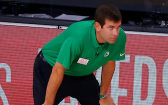 LAKE BUENA VISTA, FLORIDA - SEPTEMBER 17: Brad Stevens of the Boston Celtics during the second quarter against the Miami Heat in Game Two of the Eastern Conference Finals during the 2020 NBA Playoffs at AdventHealth Arena at the ESPN Wide World Of Sports Complex on September 17, 2020 in Lake Buena Vista, Florida. NOTE TO USER: User expressly acknowledges and agrees that, by downloading and or using this photograph, User is consenting to the terms and conditions of the Getty Images License Agreement.  (Photo by Kevin C. Cox/Getty Images)