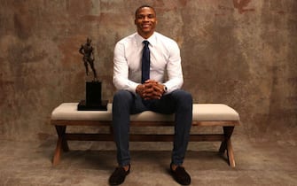 NEW YORK, NY - JUNE 26:  Russell Westbrook of the Oklahoma City Thunder poses for a portrait after receiving the Kia NBA Most Valuable Player Award at the NBA Awards Show on June 26, 2017 at Basketball City at Pier 36 in New York City, New York. NOTE TO USER: User expressly acknowledges and agrees that, by downloading and or using this photograph, user is consenting to the terms and conditions of Getty Images License Agreement. Mandatory Copyright Notice: Copyright 2017 NBAE (Photo by Michael J. LeBrecht II/NBAE via Getty Images)