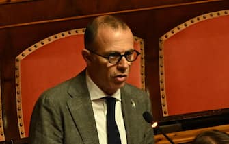 L'intervento di Massimiliano Romeo al Senato, nel corso della commemorazione del presidente Emerito della Repubblica, Giorgio Napolitano, Roma 3 ottobre 2023.
 ANSA/MAURIZIO BRAMBATTI