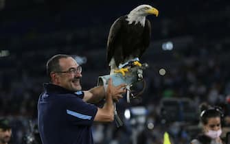 ROME, Italy - 26.09.2021: MAURIZIO SARRI (COACH LAZIO) pose with eaglesand celebrates victory at end  Italian Serie A football match between SS LAZIO VS AS ROMA at Olympic stadium in Rome on september 26th, 2021.