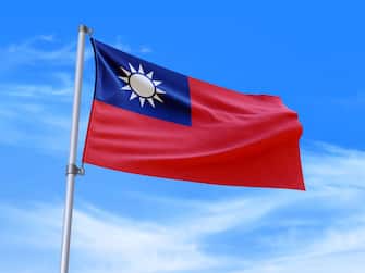 Beautiful Taiwan flag - the Republic of China flag waving in the wind with sky background - 3D illustration - 3D render