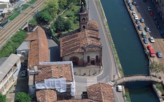 Europe, Italy, Lombardy, Milan, aerial photo of the church of S. Cristoforo on the Naviglio Grande