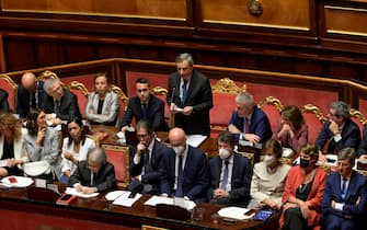 Italy's Prime Minister, Mario Draghi, flanked by ministers during the Senate confidence vote on his government, Rome 20 July 2022. ANSA/CLAUDIO PERI