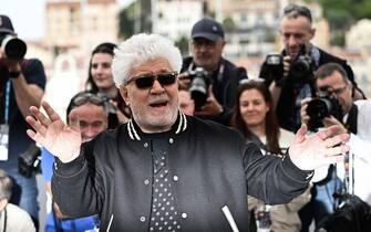TOPSHOT - Spanish film director Pedro Almodovar poses during a photocall for the film "Extrana Forma de Vida" (Strange Way of Life) at the 76th edition of the Cannes Film Festival in Cannes, southern France, on May 17, 2023. (Photo by LOIC VENANCE / AFP) (Photo by LOIC VENANCE/AFP via Getty Images)