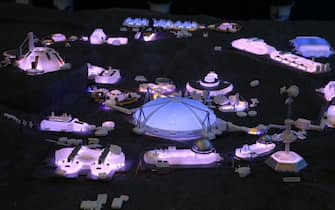 HEFEI, CHINA - APRIL 25, 2023 - A model of a future lunar scientific research station is displayed at the exhibition "China's Space Going Global" in Hefei, Anhui province, China, April 25, 2023. The station includes an energy center, a research station, an astronaut training center, and a space launch site. (Photo by CFOTO/Sipa USA)