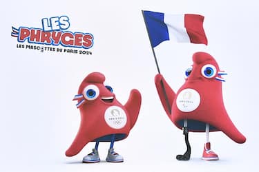 This photograph taken on November 14, 2022, shows the newly unveiled Paris 2024 Olympic and Paralympic mascots during their official presentation in Saint-Denis, north of Paris. - The Olympic and Paralympic mascots are named "Les Phryges" and represent French revolutionary Phrygian caps. (Photo by STEPHANE DE SAKUTIN / AFP) (Photo by STEPHANE DE SAKUTIN/AFP via Getty Images)