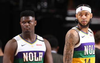 PORTLAND, OR - FEBRUARY 21: Zion Williamson #1, Brandon Ingram #14, and Lonzo Ball #2 of the New Orleans Pelicans look on during the game against the Portland Trail Blazers on February 21 , 2020 at the Moda Center Arena in Portland, Oregon. NOTE TO USER: User expressly acknowledges and agrees that, by downloading and or using this photograph, user is consenting to the terms and conditions of the Getty Images License Agreement. Mandatory Copyright Notice: Copyright 2020 NBAE (Photo by Sam Forencich/NBAE via Getty Images)