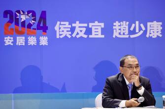 epa11068468 Kuomintang (KMT), or the Chinese Nationalist Party, presidential candidate Hou Yu-ih looks on during a press conference in Taipei, Taiwan, 11 January 2024. Taiwan presidential election is scheduled for 13 January 2024.  EPA/RITCHIE B. TONGO