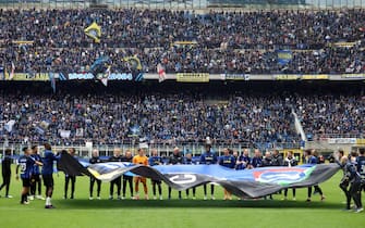 Fc Inter s players celebrate at the end of  the Italian serie A soccer match between Fc Inter  and Torino at  Giuseppe Meazza stadium in Milan, 28 April 2024.
ANSA / MATTEO BAZZI