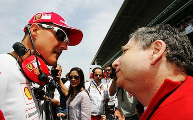 BARCELONA, SPAIN - MAY 13:  Former F1 World Champion Michael Schumacher (L) appears on the grid with Ferrari Team Principal Jean Todt (R) before the Spanish Formula One Grand Prix at the Circuit de Catalunya on May 13, 2007 in Barcelona, Spain.  (Photo by Paul Gilham/Getty Images)
