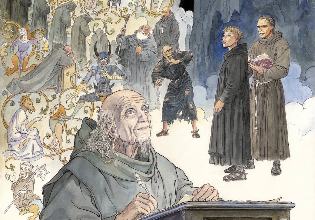 Un dettaglio della copertina del fumetto Il nome della rosa di Milo Manara, volume 1 (Oblomov Edizioni, 2023)