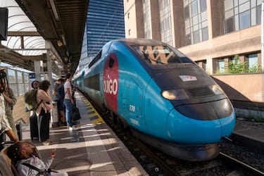 Entrance of a SNCF high-speed train (TGV) of the OUIGO type seen from the platform at the Part-Dieu station in Lyon, France on July 24, 2024. (Photo by Antoine Boureau / Hans Lucas / Hans Lucas via AFP) (Photo by ANTOINE BOUREAU/Hans Lucas/AFP via Getty Images)