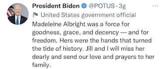 “Forza per libertà e democrazia” - Madeleine Albright è stata “sempre una forza per la libertà”. Joe Biden ricorda così la prima donna segretario di stato americana, morta a 84 anni
