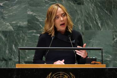 Italy's Prime Minister Giorgia Meloni speaks during the 79th Session of the United Nations General Assembly at the United Nations headquarters in New York City on September 24, 2024. (Photo by Charly TRIBALLEAU / AFP) (Photo by CHARLY TRIBALLEAU/AFP via Getty Images)