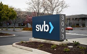 SANTA CLARA, CA - MARCH 10: Silicon Valley Bank headquarters is seen in Santa Clara, California, United States on March 10, 2023.US regulators have shut down Silicon Valley Bank (SVB) amid its sudden collapse, the Federal Deposit Insurance Corporation (FDIC) announced in a statement on Friday. (Photo by Tayfun Coskun/Anadolu Agency via Getty Images)