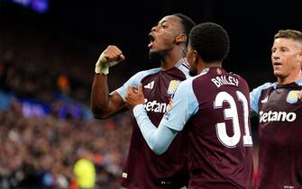 Aston Villa's Jhon Duran celebrates scoring their side's second goal of the game with team-mate Leon Bailey (right) during the UEFA Champions League group stage match at Villa Park, Birmingham. Picture date: Tuesday October 22, 2024.