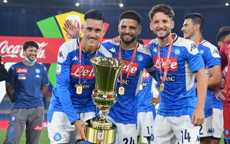 Napoli's players Jose Callejon (L), Lorenzo Insigne (C) and Dries Mertens celebrate with the trophy after winning the Italian Cup final soccer match between SSC Napoli and Juventus FC at the Olimpico stadium in Rome, Italy, 17 June 2020. Napoli won 4-2 on penalties. ANSA/ETTORE FERRARI