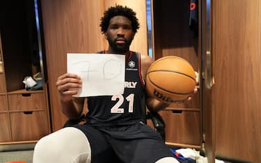 PHILADELPHIA, PA - JANUARY 22: Joel Embiid #21 of the Philadelphia 76ers poses for a photo after setting a new franchise record of 70 points after the game against the San Antonio Spurs on January 22, 2024 at the Wells Fargo Center in Philadelphia, Pennsylvania NOTE TO USER: User expressly acknowledges and agrees that, by downloading and/or using this Photograph, user is consenting to the terms and conditions of the Getty Images License Agreement. Mandatory Copyright Notice: Copyright 2024 NBAE (Photo by Jesse D. Garrabrant/NBAE via Getty Images)