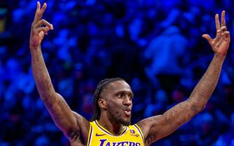 LAS VEGAS, NV - DECEMBER 9: Taurean Prince #12 of the Los Angeles Lakers celebrates during the game against the Indiana Pacers during the In-Season Tournament Championship game on December 9, 2023 at T-Mobile Arena in Las Vegas, Nevada. NOTE TO USER: User expressly acknowledges and agrees that, by downloading and or using this photograph, User is consenting to the terms and conditions of the Getty Images License Agreement. Mandatory Copyright Notice: Copyright 2023 NBAE (Photo by Tyler Ross/NBAE via Getty Images)