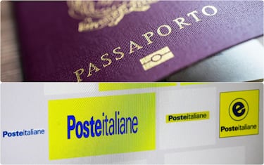 collage: il logo di Poste italiane e il passaporto 