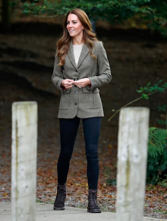 LOW WRAY, UNITED KINGDOM - SEPTEMBER 21: (EMBARGOED FOR PUBLICATION IN UK NEWSPAPERS UNTIL 24 HOURS AFTER CREATE DATE AND TIME) Catherine, Duchess of Cambridge arrives to embark on a boat trip, on Lake Windermere, with two of the 'Windermere Children', a group of 300 child Holocaust survivors who came to stay in the Lake District in 1945 for a period of recuperation following what they experienced in concentration camps and ghettos of Nazi Occupied Europe, at Wray Castle on September 21, 2021 in Low Wray, England. (Photo by Max Mumby/Indigo/Getty Images)