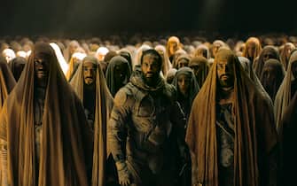 USA. A scene from the (C)Warner Bros. new film: Dune: Part Two (2024). 
Plot: This follow-up film will explore the mythic journey of Paul Atreides as he unites with Chani and the Fremen while on a warpath of revenge against the conspirators who destroyed his family. Facing a choice between the love of his life and the fate of the known universe, he endeavors to prevent a terrible future only he can foresee.  
Ref: LMK110-J10396-151223
Supplied by LMKMEDIA. Editorial Only.
Landmark Media is not the copyright owner of these Film or TV stills but provides a service only for recognised Media outlets. pictures@lmkmedia.com