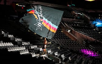 SAN ANTONIO, TX - JANUARY 1:  With Covid not allowing fans yet Coyote mascot for the San Antonio Spurs goes into the empty stands during their team introduction against the Los Angeles Lakers at AT&T Center on January 1, 2021 in San Antonio, Texas.  NOTE TO USER: User expressly acknowledges and agrees that , by downloading and or using this photograph, User is consenting to the terms and conditions of the Getty Images License Agreement. (Photo by Ronald Cortes/Getty Images)