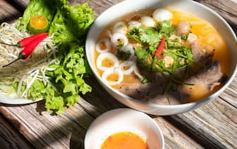Banh Canh is a very popular food in Vietnam. The ingredients include pig's trotters, seafood, eggs and vegetables, but the main ingredient is rice noo