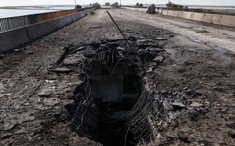 RUSSIA, KHERSON REGION - JUNE 23, 2023: A view shows damage to a bridge near the village of Chongar. According to acting Kherson Region Governor Saldo, Ukraine has hit bridges between the region and Crimea, using what appears to be British cruise missiles Storm Shadow. Alexander Polegenko/TASS/Sipa USA