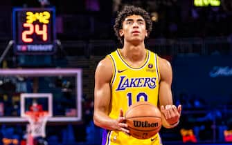 LAS VEGAS, NV - DECEMBER 9: Max Christie #10 of the Los Angeles Lakers shoots a free throw during the game against the Indiana Pacers during the In-Season Tournament Championship game on December 9, 2023 at T-Mobile Arena in Las Vegas, Nevada. NOTE TO USER: User expressly acknowledges and agrees that, by downloading and or using this photograph, User is consenting to the terms and conditions of the Getty Images License Agreement. Mandatory Copyright Notice: Copyright 2023 NBAE (Photo by Tyler Ross/NBAE via Getty Images)