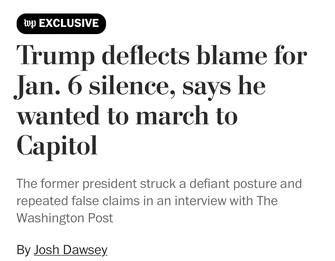 Donald Trump rimpiange di non aver marciato insieme ai suoi sostenitori il 6 gennaio e scarica la colpa sulla speaker della Camera Nancy Pelosi e su altri: stava a loro mettere fine alle violenze. In un'intervista al Washington Post, l’ex presidente fa riferimento a una sua possibile candidatura nel 2024 e spiega che se decidesse di scendere in campo altri papabili aspiranti si ritirerebbero