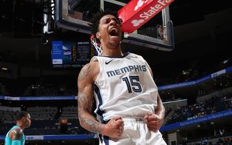MEMPHIS, TN - OCTOBER 14: Brandon Clarke #15 of the Memphis Grizzlies reacts to a play against the Charlotte Hornets during a pre-season game on October 14, 2019 at FedExForum in Memphis, Tennessee. NOTE TO USER: User expressly acknowledges and agrees that, by downloading and or using this photograph, User is consenting to the terms and conditions of the Getty Images License Agreement. Mandatory Copyright Notice: Copyright 2019 NBAE (Photo by Joe Murphy/NBAE via Getty Images)