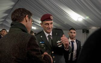 Israel's new army chief of staff Herzi Halevi (C) speaks to a supporter following his official appointment ceremony in Jerusalem, on January 16, 2023. (Photo by Maya Alleruzzo / POOL / AFP) (Photo by MAYA ALLERUZZO/POOL/AFP via Getty Images)