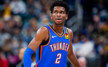 INDIANAPOLIS, IN - NOVEMBER 12: Shai Gilgeous-Alexander #2 of the Oklahoma City Thunder looks on during the game against the Indiana Pacers on November 12, 2019 at Bankers Life Fieldhouse in Indianapolis, Indiana. NOTE TO USER: User expressly acknowledges and agrees that, by downloading and or using this Photograph, user is consenting to the terms and conditions of the Getty Images License Agreement. Mandatory Copyright Notice: Copyright 2019 NBAE (Photo by Zach Beeker/NBAE via Getty Images)